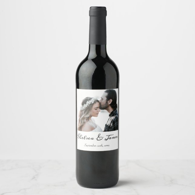 Elegantes Calligrafy Foto Hochzeitflasche Weinetikett (Vorderseite)