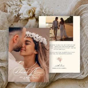 Elegantes Calligrafy Foto Wedding Ecru Dankeskarte