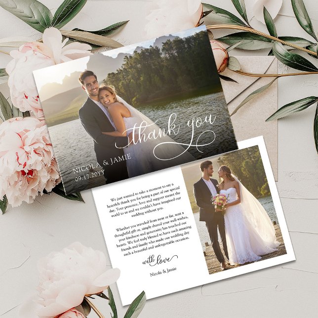 Elegantes Calligrafy Overlay Modernes 2 Wedding-Fo Dankeskarte (Horizontal Wedding Photo Thank You Card with elegant modern calligraphy overlay and 2 photos)