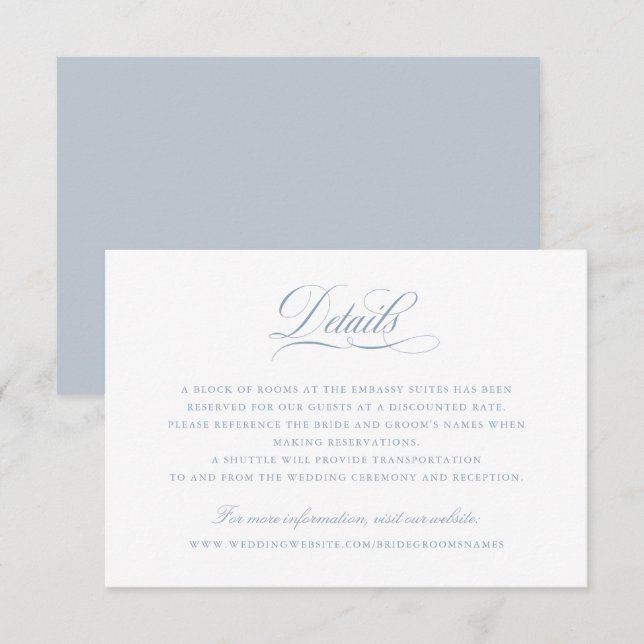 Elegantes Calligrafy Script Dusty Blue Details Einladung (Vorne/Hinten)
