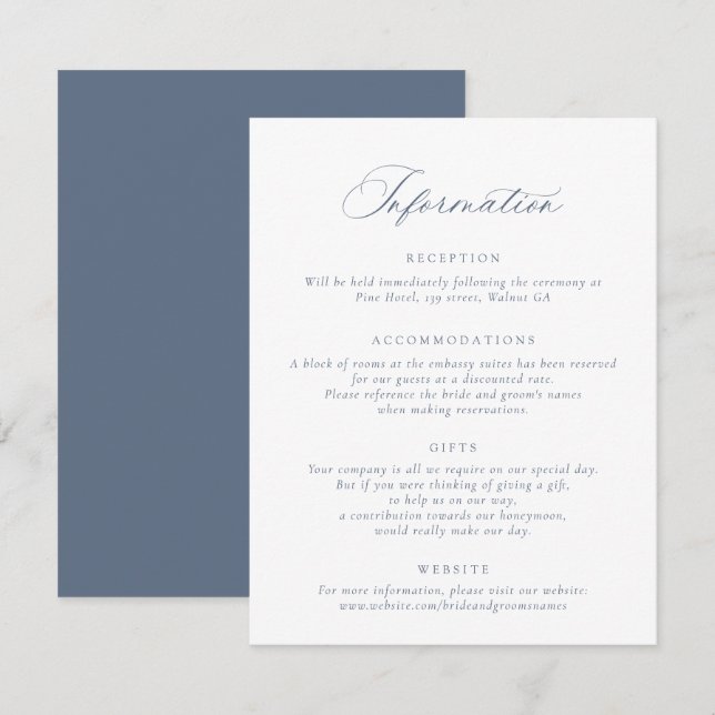 Elegantes Calligrafy Script Dusty Blue Wedding Inf Einladung (Vorne/Hinten)