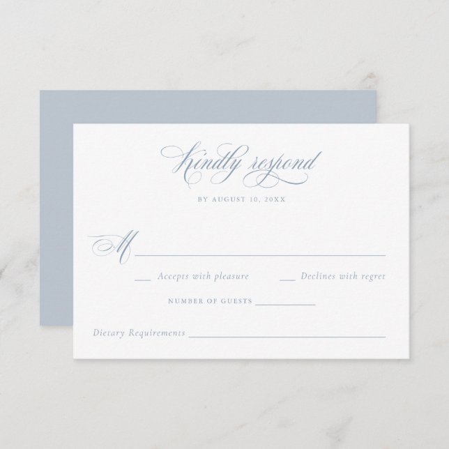 Elegantes Calligrafy Script Dusty Blue Wedding RSV Einladung (Vorne/Hinten)