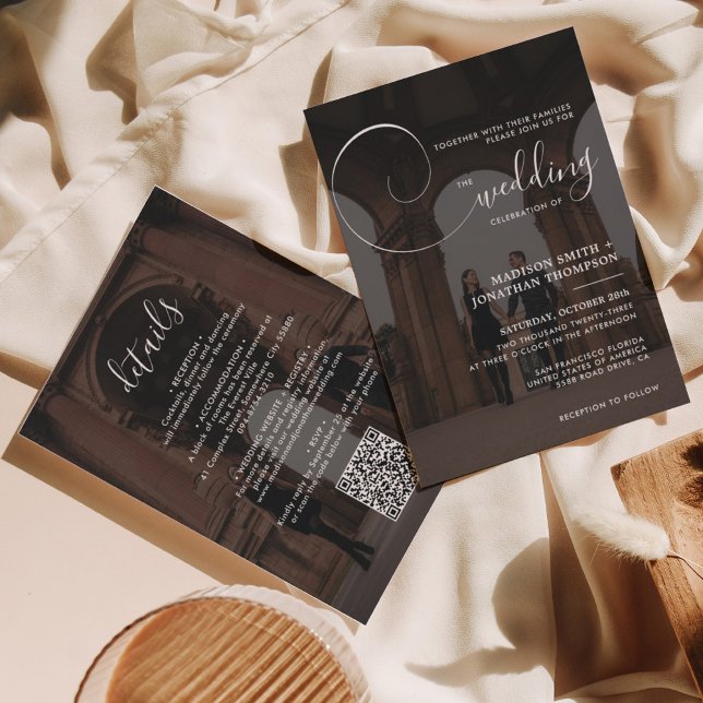 Elegantes Calligrafy Script Foto QR Code Hochzeit Einladung (Von Creator hochgeladen)
