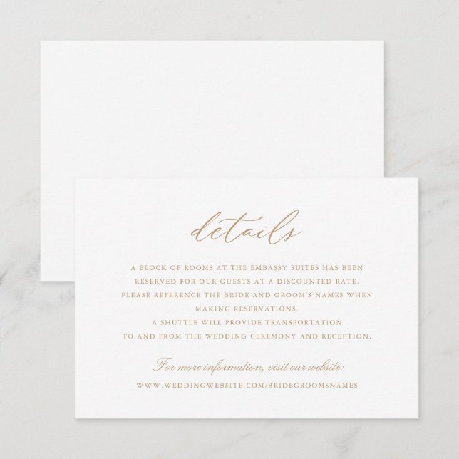 Elegantes Calligrafy Script Gold Wedding Details Einladung (Vorne/Hinten)