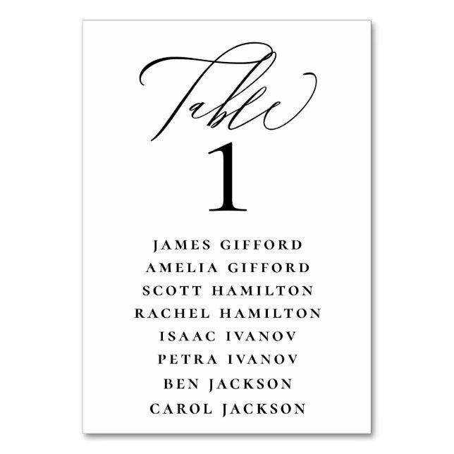 Elegantes Calligrafy Seating Chart Tischnummer (Vorderseite)