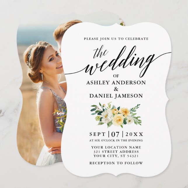 Elegantes Calligrafy Yellow Floral Foto Hochzeit Einladung (Vorne/Hinten)