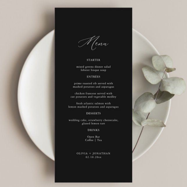 Elegantes Calligraphy Black Wedding Menu Menükarte (Von Creator hochgeladen)
