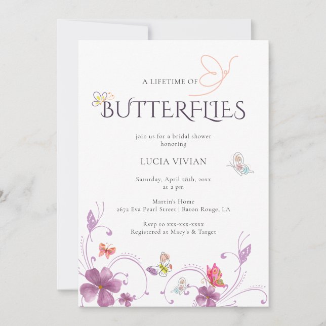 Elegantes Calligraphy Butterflies Brautparty Einladung (Vorderseite)
