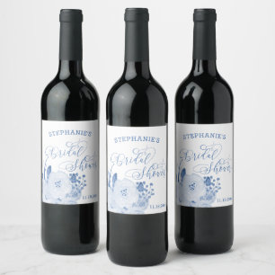 Elegantes Calligraphy Dusty Blue Brautparty Weinetikett