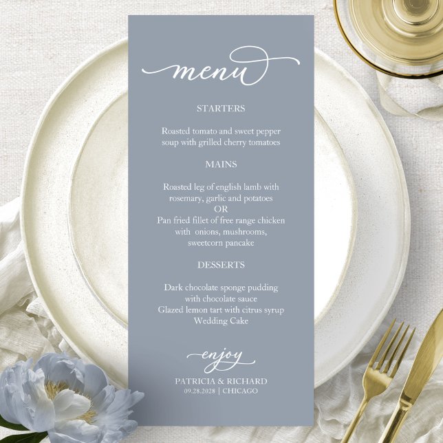 Elegantes Calligraphy Dusty Blue Wedding Menu Menükarte (Von Creator hochgeladen)