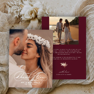 Elegantes Calligraphy Foto Wedding Burgundy Dankeskarte