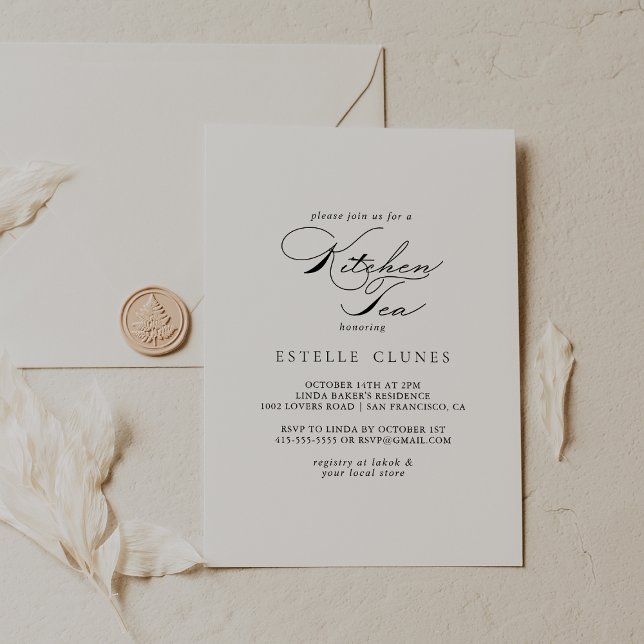 Elegantes Calligraphy Kitchen Tea Brautparty Einladung (Von Creator hochgeladen)