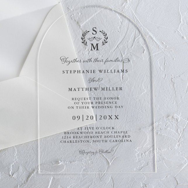 Elegantes Calligraphy Monogram Wappen Wedding Acryleinladungen (Elegant Calligraphy Monogram Crest Wedding Acrylic Invitations)