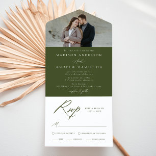 Elegantes Calligraphy Olive Green Foto Hochzeit All In One Einladung