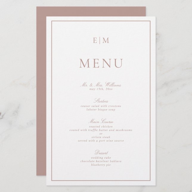 Elegantes Calligraphy Pink Monogram Wedding Menu (Vorne/Hinten)