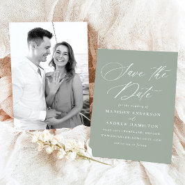 Elegantes Calligraphy Sage Green Foto Hochzeit Save The Date