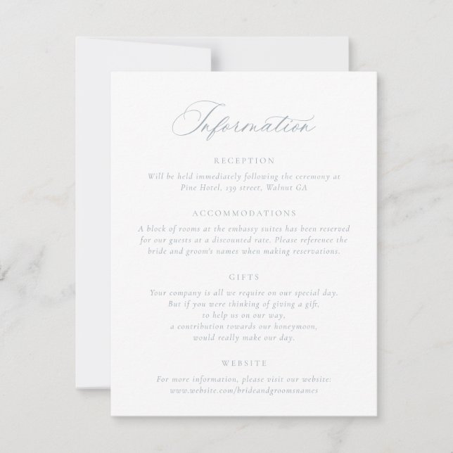 Elegantes Calligraphy Script Blue Wedding Details Einladung (Vorderseite)