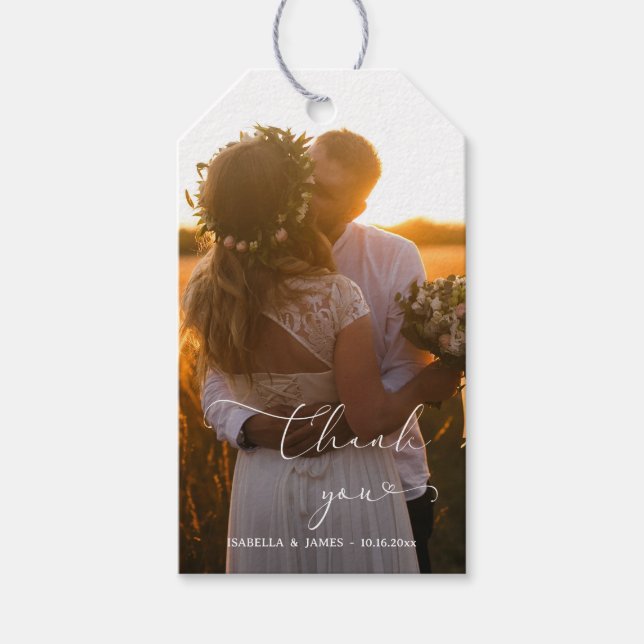 Elegantes Calligraphy Wedding Foto Vielen Dank Geschenkanhänger (Vorderseite)
