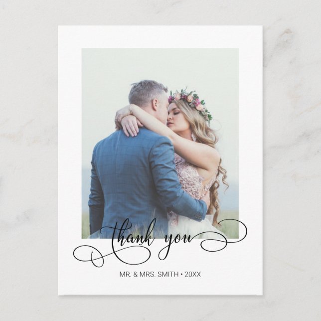Elegantes Calligraphy Wedding Foto Vielen Dank Postkarte (Vorderseite)