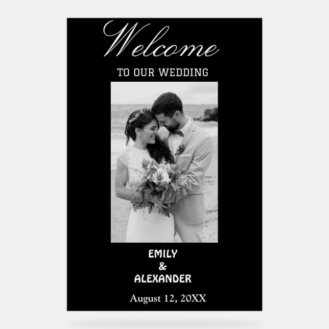 Elegantes Calligraphy Wedding Foto Willkommen Acrylschild (Vorderseite)