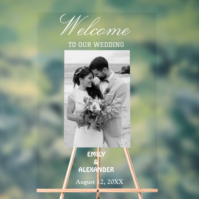 Elegantes Calligraphy Wedding Foto Willkommen Acrylschild (Neutral)