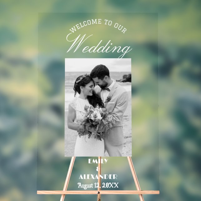 Elegantes Calligraphy Wedding Foto Willkommen Acrylschild (Neutral)