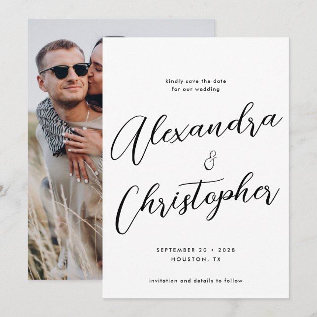 Elegantes Calligraphy Wedding Verlobung Foto Save The Date (Vorne/Hinten)