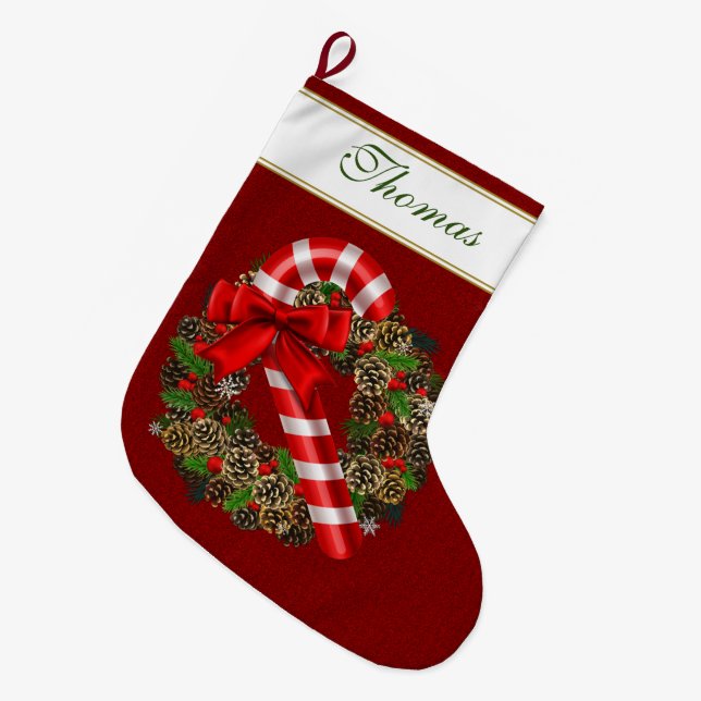 Elegantes Candy Cane Red Ribbon Custom Monogram Großer Weihnachtsstrumpf (Vorderansicht (hängend))
