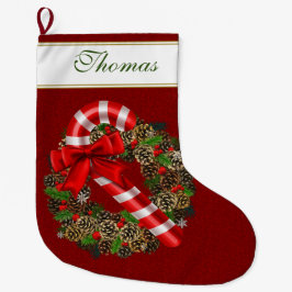 Elegantes Candy Cane Red Ribbon Custom Monogram Großer Weihnachtsstrumpf