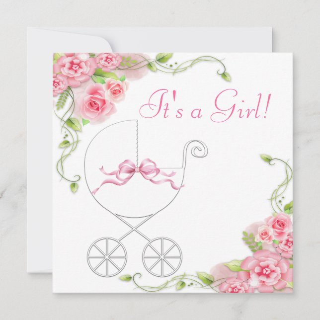 Elegantes Carriage Pink Rose Baby Einladungen (Vorderseite)