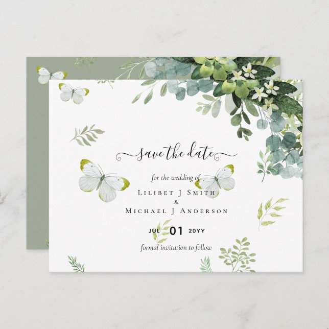 Élégantes cartes de mariage avec feuillage vert "S (Devant / Derrière)