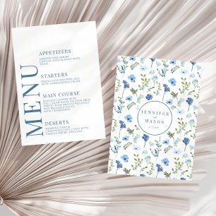 Elégantes cartes de menu mariage à fleurs bleues d