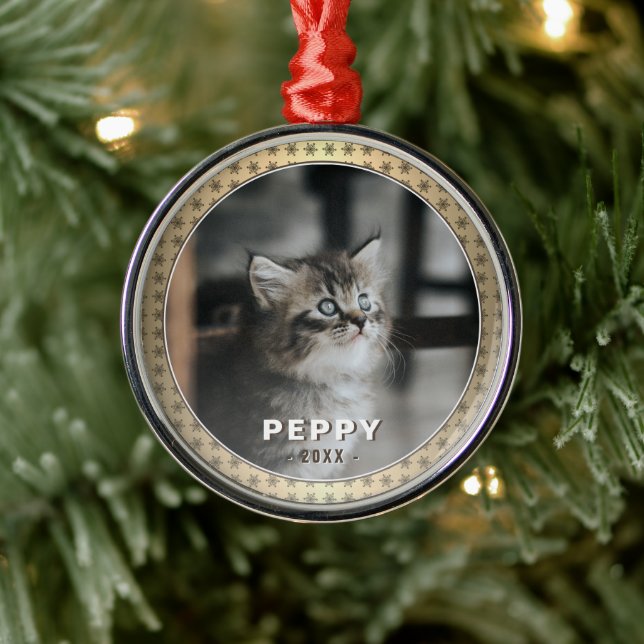 Elegantes Cat Foto Golden Metallic Ornament Aus Metall (Baum)