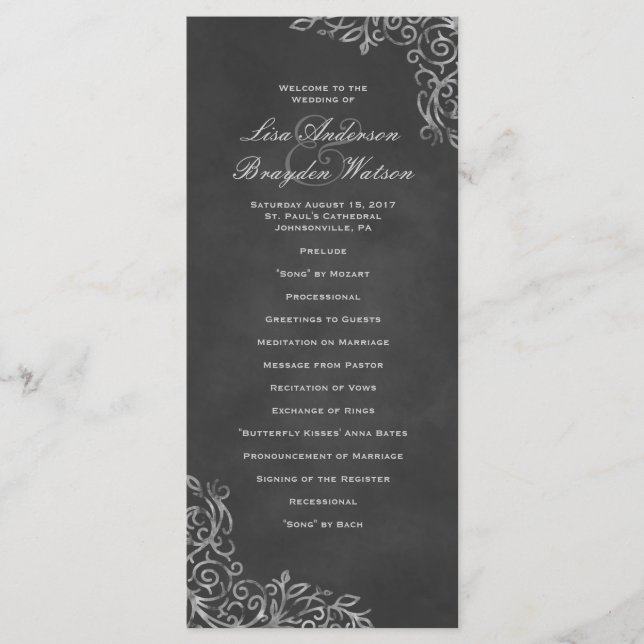 Elegantes Chalkboard Filigree Wedding Program Programm (Vorderseite)