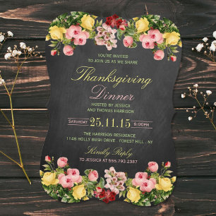 Elegantes Chalkboard Floral Erntedank Abendessen Einladung
