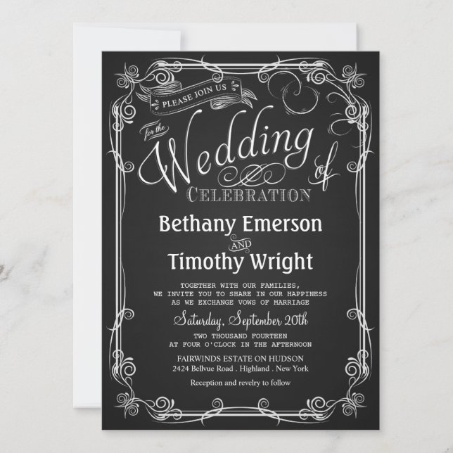 Elegantes Chalkboard Hochzeitsempfang Einladung (Vorderseite)