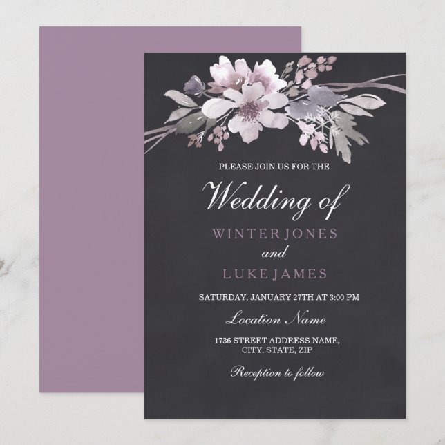 Elegantes Chalkboard Lila Blumenwinters Wedding Einladung (Vorne/Hinten)