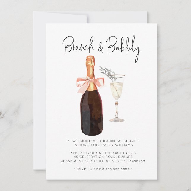 Elegantes Champagne Brunch & Bubbly Brautparty Einladung (Vorderseite)