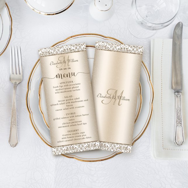 Elegantes Champagne Damask Wedding Menu Menükarte (Von Creator hochgeladen)