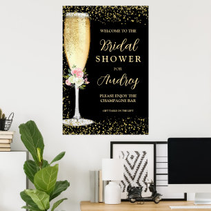 Elegantes Champagne Flute Floral Brautparty Poster