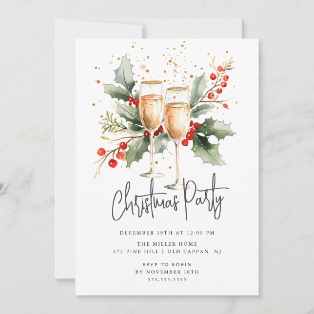Elegantes Champagne Glass Weihnachts-Party laden e Einladung (Vorderseite)