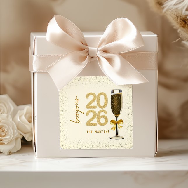 Elegantes Champagne Silvester Quadratischer Aufkleber (Von Creator hochgeladen)