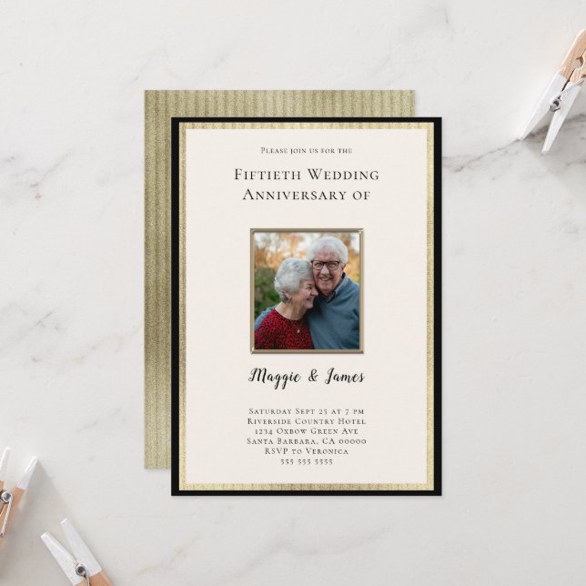 Elegantes Champagner Gold 50 Jahre Foto Einladung (Vorderseite/Rückseite Beispiel)