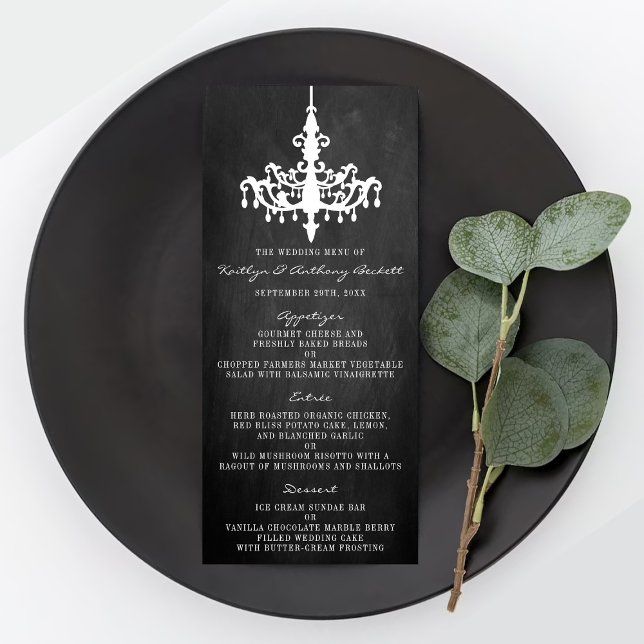 Elegantes Chandelier Chalkboard Wedding Menu Werbekarte (Von Creator hochgeladen)