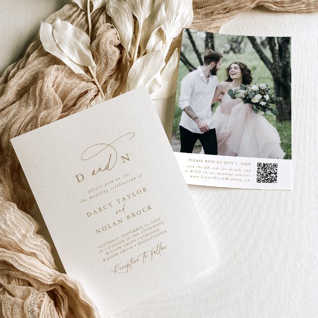 Elegantes Charm Foto Goldene Hochzeit Einladungen  (Elegant Charm Photo Gold Wedding Invitations RSVP)