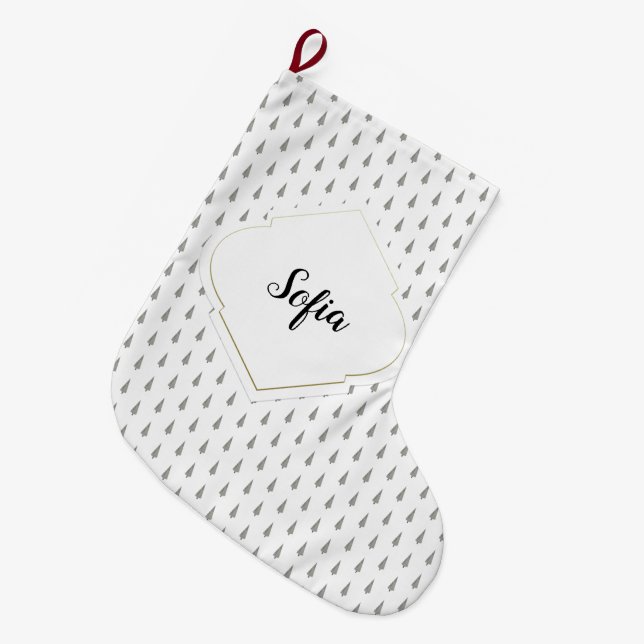 Elegantes Charming White Gold Monogramm Großer Weihnachtsstrumpf (Vorderansicht (hängend))