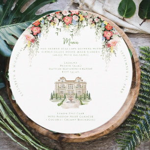 Elegantes Château-Blumen-Hochzeitsmenü Menükarte