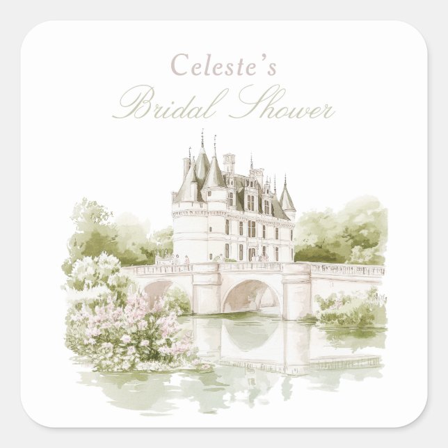 Elegantes Chateau Französische Romantik Brautparty Quadratischer Aufkleber (Vorderseite)