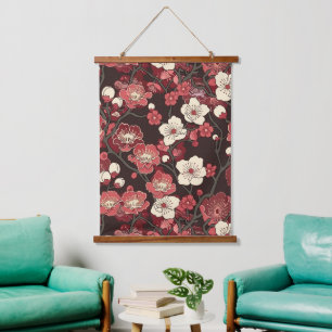 Elegantes Cherry Blossom Nahtloses Muster (15) Wandteppich Mit Holzrahmen