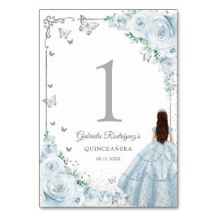 Elegantes Chic Baby Blau Rosen Silber Quinceanera Tischnummer